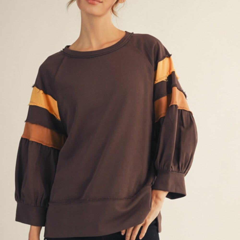 JODIFL CHOCOLATE SCUBA TOP WITH YELLOW/GOLD CONTRAST PIPING